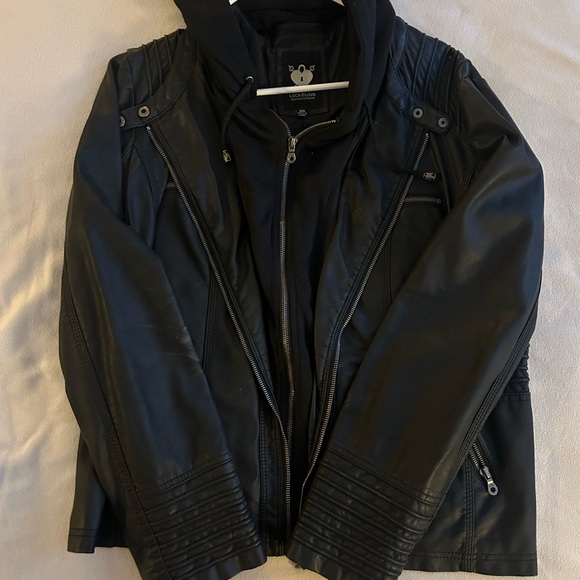 Black Faux Leather Jacket with Hoodie - Picture 2 of 3
